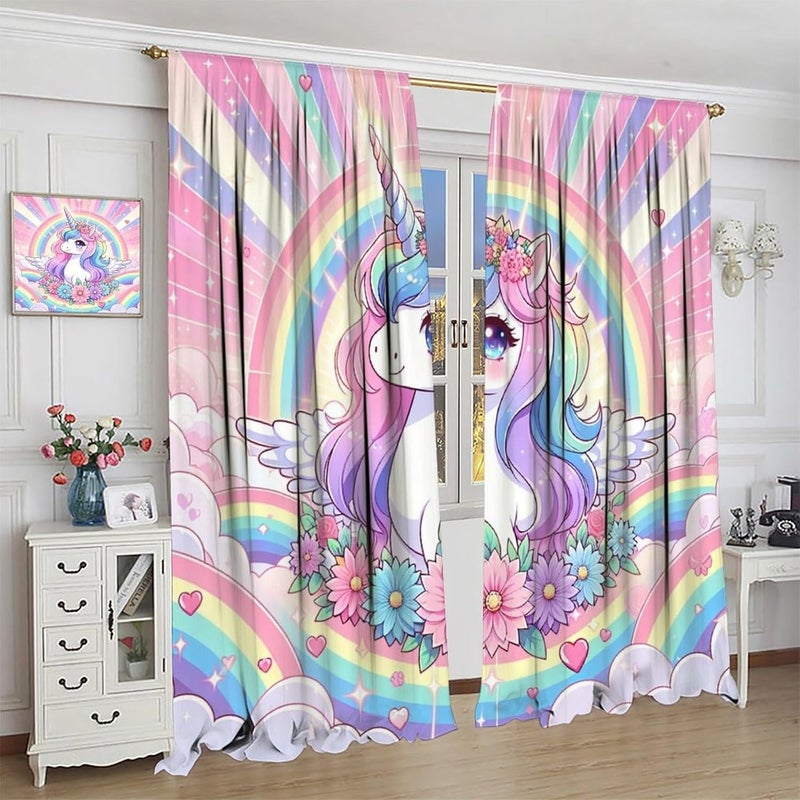 Wallira Cute Unicorn Curtains Kids,Ombre Pink Rainbow Stars Princess Cartoon Decor Rod Pocket Window Treatment for Girls Baby Room Living Room Bedroom Living Room Nursery Drapes 41" W X 45" L - Image 5